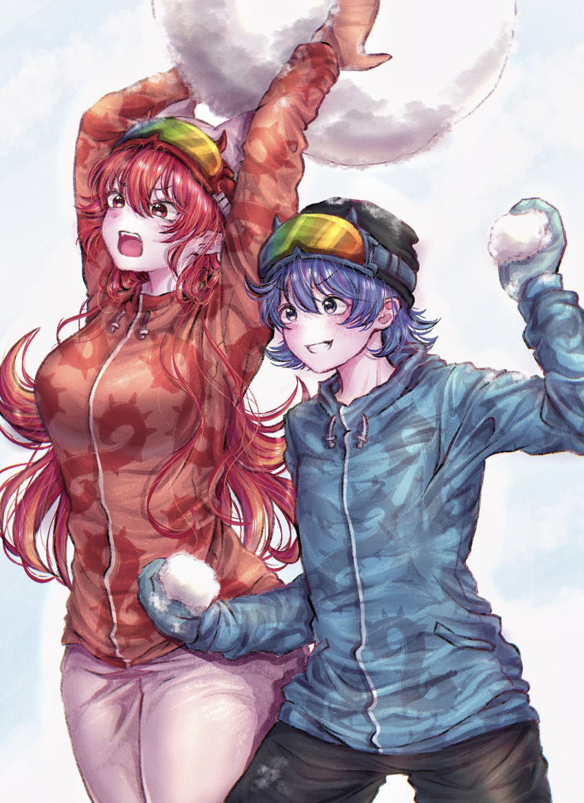 1boy 1girl :o azazel_ameri azulasi black_pants blue_eyes blue_hair blue_hoodie blue_mittens breasts commission goggles goggles_on_head grin hair_between_eyes highres holding_snowball hood hoodie large_breasts long_hair mairimashita!_iruma-kun mittens pants pink_pants pixiv_commission print_hoodie red_eyes red_hair red_hoodie red_mittens smile snowball snowball_fight suzuki_iruma winter