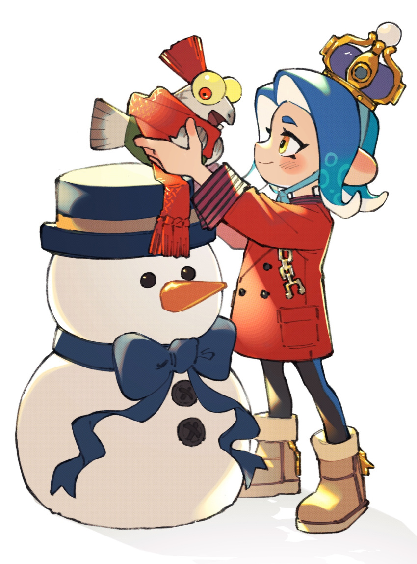 1girl black_pantyhose blue_hair blush boots brown_eyes brown_footwear carrot closed_mouth coat crown highres inari1369 octoling_girl octoling_player_character pantyhose red_coat red_scarf scarf short_hair simple_background smallfry_(splatoon) smile snowman splatoon_(series) splatoon_3 tentacle_hair white_background