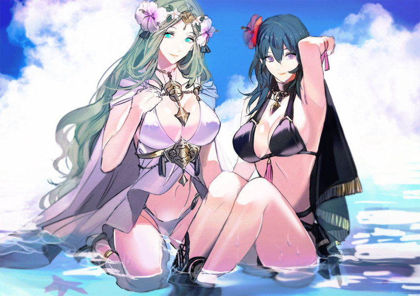 2girls bare_shoulders beach bikini black_bikini black_cape blue_eyes blue_hair blue_sky blush breasts byleth_(female)_(fire_emblem) byleth_(female)_(summer)_(fire_emblem) byleth_(fire_emblem) cape cleavage closed_mouth cloud collarbone commentary_request day fire_emblem fire_emblem:_three_houses fire_emblem_heroes flower green_eyes green_hair hair_between_eyes hair_flower hair_ornament hand_on_own_chest hand_up kneeling large_breasts long_hair looking_at_viewer midriff multiple_girls navel ocean official_alternate_costume outdoors revision rhea_(fire_emblem) rhea_(summer)_(fire_emblem) ribbon sidelocks sitting sky smile sparkle swimsuit tiara tsukimura_noe water weapon white_bikini wrist_ribbon