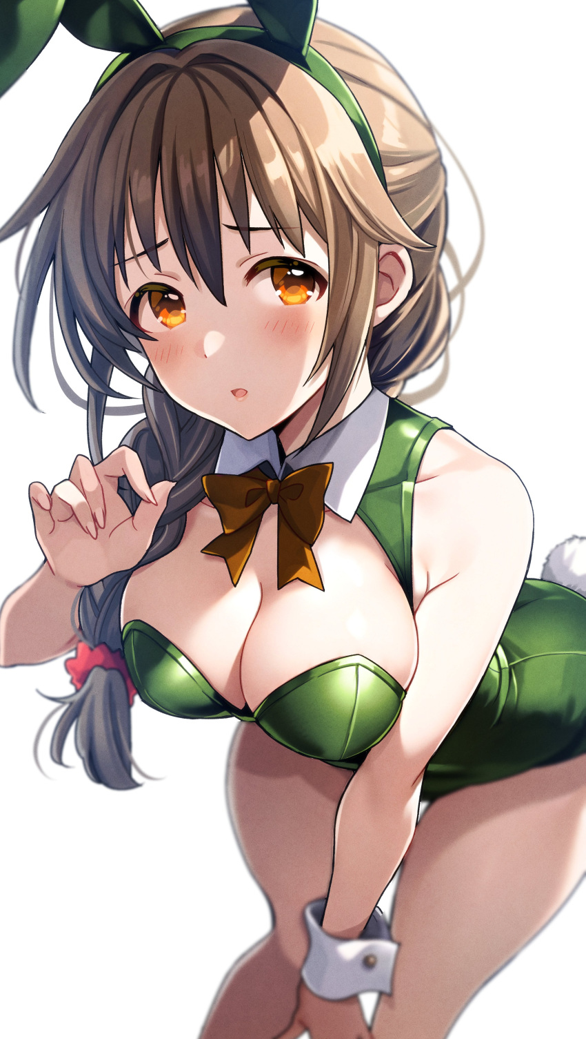 1girl absurdres animal_ears bare_shoulders blurry blurry_foreground blush bow bowtie braid breasts brown_hair cleavage commentary_request fake_animal_ears fake_tail green_leotard hand_up highres idolmaster idolmaster_cinderella_girls idolmaster_cinderella_girls_starlight_stage large_breasts leaning_forward leotard long_hair looking_at_viewer low-braided_long_hair low-tied_long_hair open_mouth orange_eyes playboy_bunny popon_ta rabbit_ears rabbit_tail red_bow red_bowtie senkawa_chihiro simple_background single_braid single_wrist_cuff sleeveless solo tail white_background white_wrist_cuffs wrist_cuffs