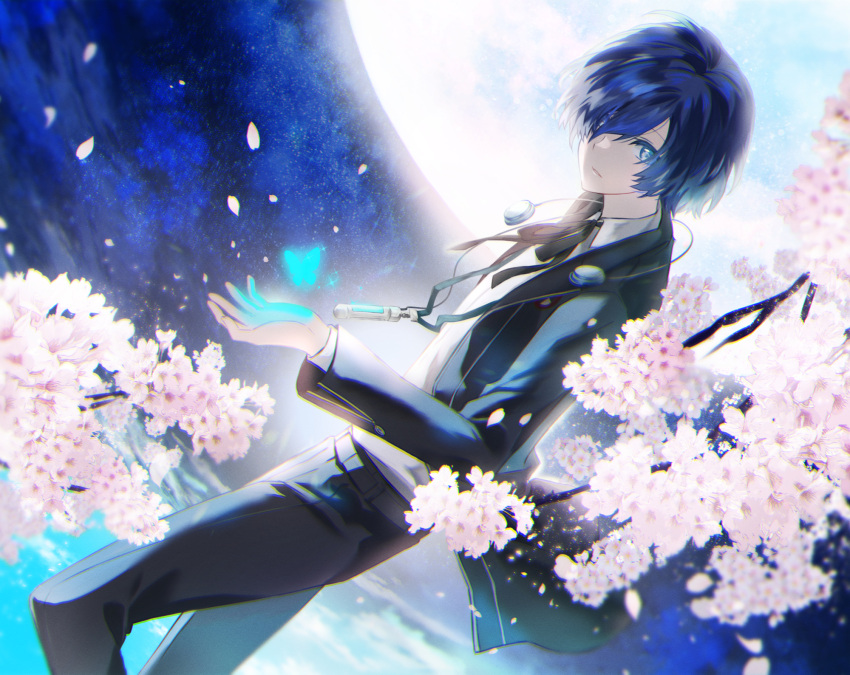 1boy black_jacket black_pants black_ribbon blue_butterfly blue_eyes blue_hair bug butterfly cherry_blossoms closed_mouth collared_shirt dark_blue_hair digital_media_player earphones falling_petals feet_out_of_frame full_moon gekkoukan_high_school_uniform hair_over_one_eye headphones headphones_around_neck highres jacket long_sleeves looking_at_viewer male_focus moon neck_ribbon night night_sky open_clothes open_hand open_jacket outdoors pants persona persona_3 petals ribbon school_uniform shirt short_hair sky solo tsukitaka white_shirt yuuki_makoto_(persona_3)