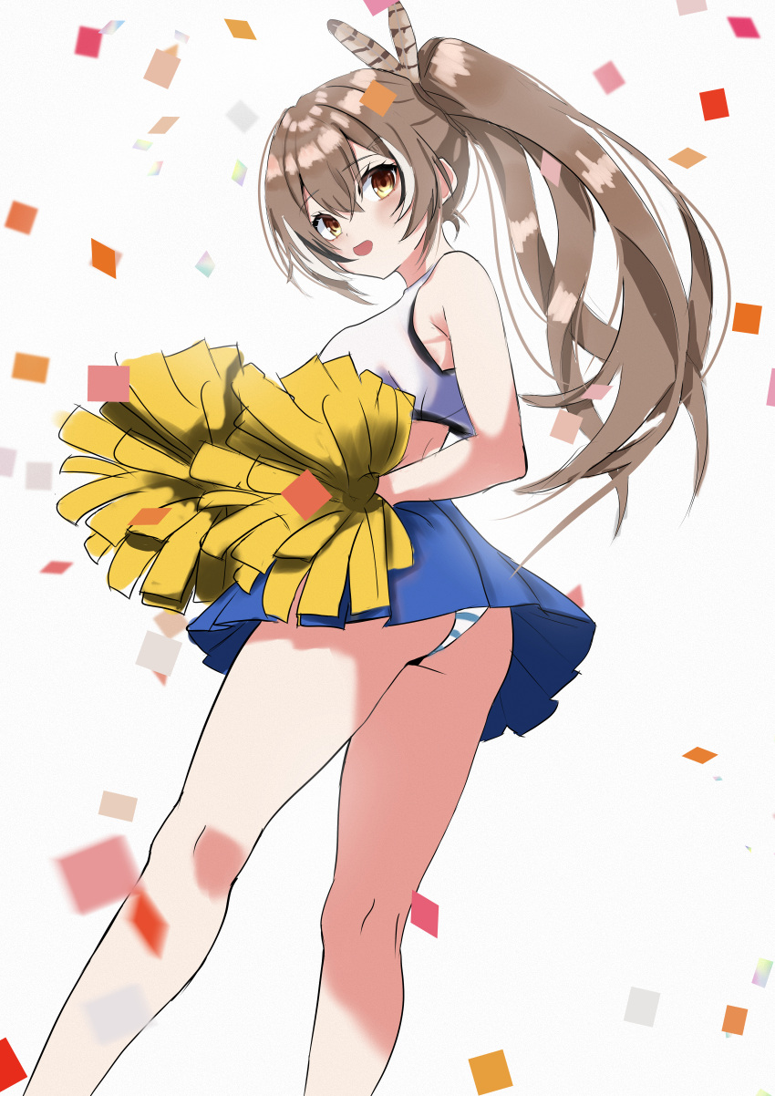 1girl absurdres alternate_costume blue_skirt brown_eyes brown_hair cheerleader confetti crop_top crossed_bangs double-parted_bangs english_commentary feather_hair_ornament feathers hair_ornament highres holding holding_pom_poms hololive hololive_english jomizumi kneepits long_hair looking_at_viewer looking_back midriff multicolored_hair nanashi_mumei panties pleated_skirt pom_pom_(cheerleading) ponytail sketch skirt smile solo streaked_hair striped_clothes striped_panties underwear upskirt very_long_hair virtual_youtuber