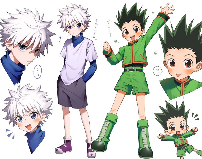 ... 2boys absurdres arm_up aruminsuko black_hair black_shorts blue_eyes boots brown_eyes character_name chibi clenched_hand closed_mouth gon_freecss green_footwear green_shorts hair_between_eyes hands_in_pockets heart highres hunter_x_hunter jacket killua_zoldyck layered_sleeves long_sleeves male_focus multiple_boys multiple_views open_mouth purple_footwear shirt shoes shorts simple_background spiked_hair spoken_ellipsis tongue tongue_out turtleneck white_background white_hair