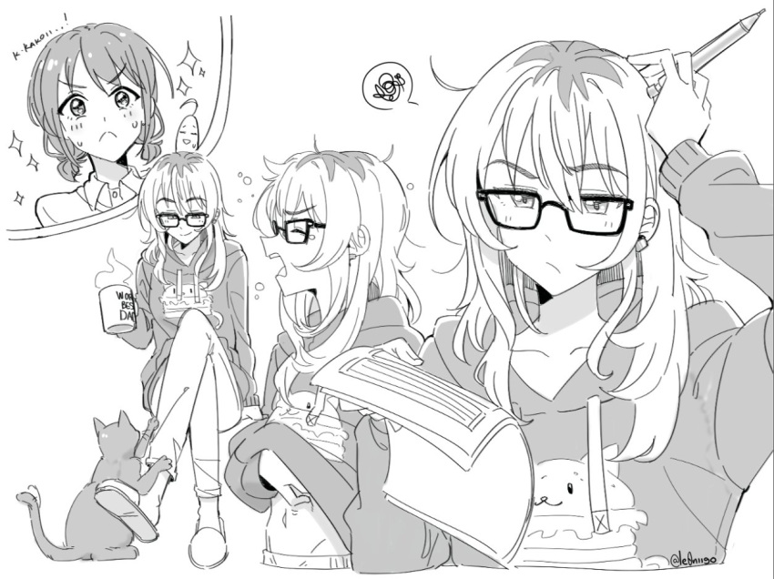 2girls arm_up blush cat closed_eyes closed_mouth collared_shirt commentary cropped_torso crossed_legs cup dress_shirt earrings girls_band_cry glasses greyscale holding holding_cup holding_pen hood hoodie iseri_nina jewelry kawaragi_momoka le0niigo long_hair long_sleeves looking_at_viewer low_twintails midriff monochrome multicolored_hair multiple_girls open_mouth pen romaji_text roots_(hair) scratching shirt short_twintails sleepy sparkle spoken_squiggle squiggle symbol-only_commentary twintails upper_body