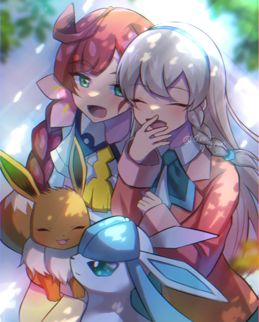 0roshioji3ran 2girls artist_name blue_hairband bow braid chloe_(pokemon) closed_eyes coat eevee glaceon green_eyes grey_hair hair_bow hairband highres laughing long_braid long_hair long_sleeves multiple_girls open_mouth outdoors pink_bow pokemon pokemon_(anime) pokemon_(creature) pokemon_journeys red_coat red_hair regina_(pokemon) smile