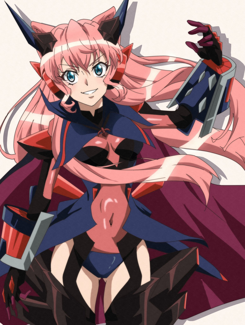 1girl arm_guards arm_up armored_boots ass_visible_through_thighs blue_eyes boots breasts cape covered_navel cowboy_shot drop_shadow gloves grin headgear highres keeemu_(gouf2016) leotard long_hair maria_cadenzavna_eve pink_hair senki_zesshou_symphogear simple_background small_breasts smile solo symphogear_pendant white_background