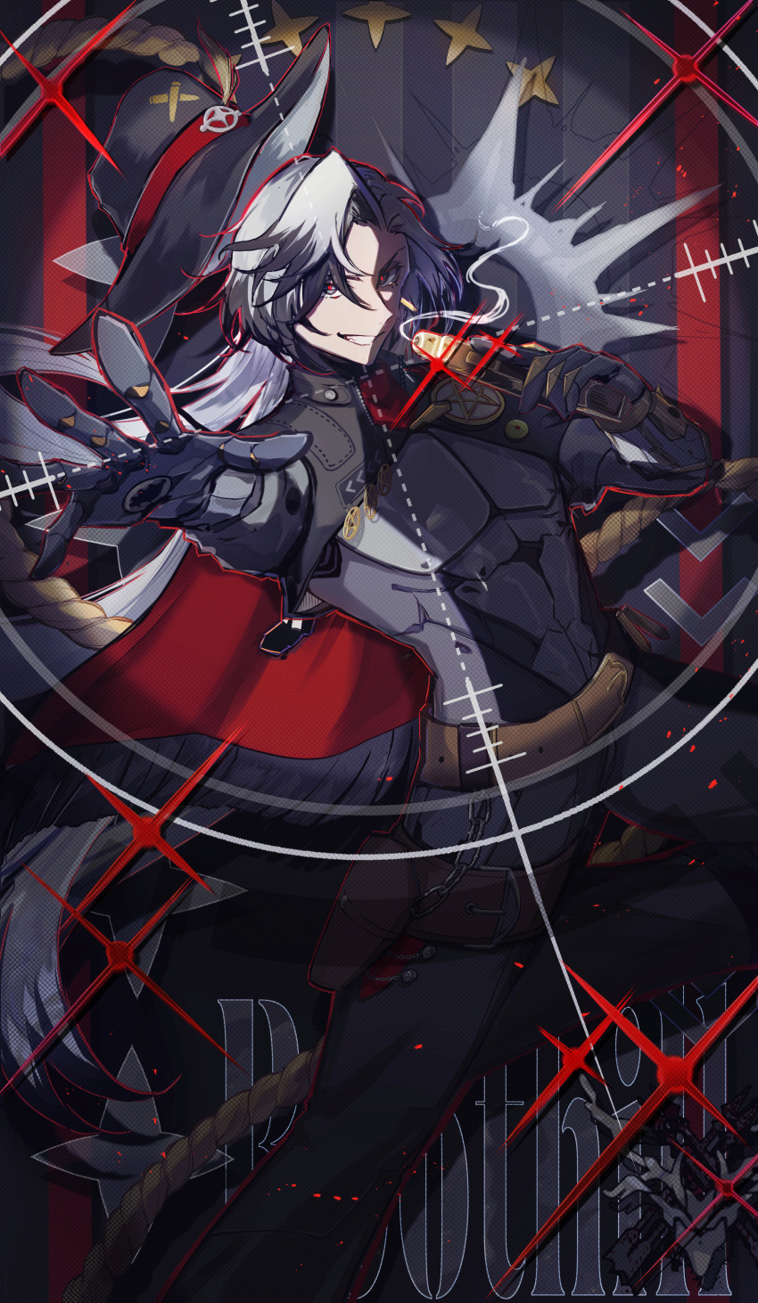 1boy absurdres belt black_eyes black_hair black_hat black_jacket black_pants boothill_(honkai:_star_rail) brown_belt bullet chain character_name commentary_request cowboy_hat crosshair crosshair_pupils eyes_visible_through_hair foot_out_of_frame full_body glint grey_armor grin gun hair_intakes hair_over_one_eye hat hat_feather highres holding holding_gun holding_weapon holster honkai:_star_rail honkai_(series) jacket knee_up long_hair looking_at_viewer male_focus mechanical_arms mechanical_hands multicolored_hair outstretched_arm ozuro_(orzbone2008) pants red_pupils red_scarf rope scarf sharp_teeth smile solo star_(symbol) streaked_hair teeth thigh_holster unworn_hat unworn_headwear very_long_hair weapon white_hair