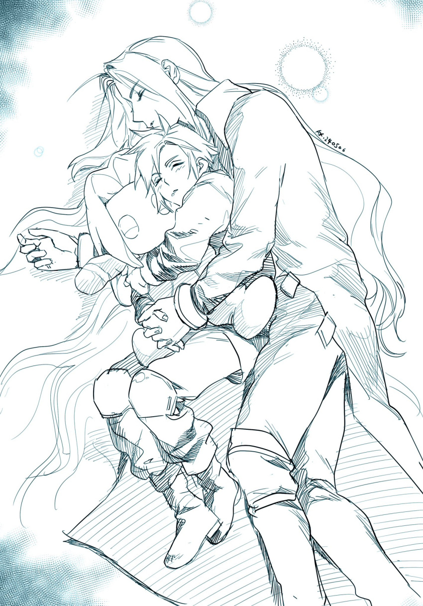 2boys arm_around_waist ax0057 blue_theme blush boots character_doll closed_eyes cloud_strife commentary couple crisis_core_final_fantasy_vii cuddling final_fantasy final_fantasy_vii full_body hand_up highres holding_hands hugging_doll hugging_object knee_boots knee_pads long_coat long_hair lying male_focus monochrome multiple_boys on_side pants parted_bangs parted_lips saliva sephiroth short_hair signature sleeping spiked_hair very_long_hair yaoi