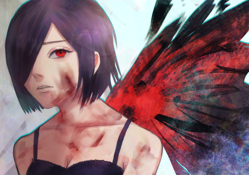 1girl black_bra black_hair blood blood_on_arm blood_on_chest blood_on_face bra breasts cleavage collarbone highres hyakki_non kagune_(tokyo_ghoul) kirishima_touka large_breasts portrait red_eyes short_hair solo teeth tokyo_ghoul underwear white_background