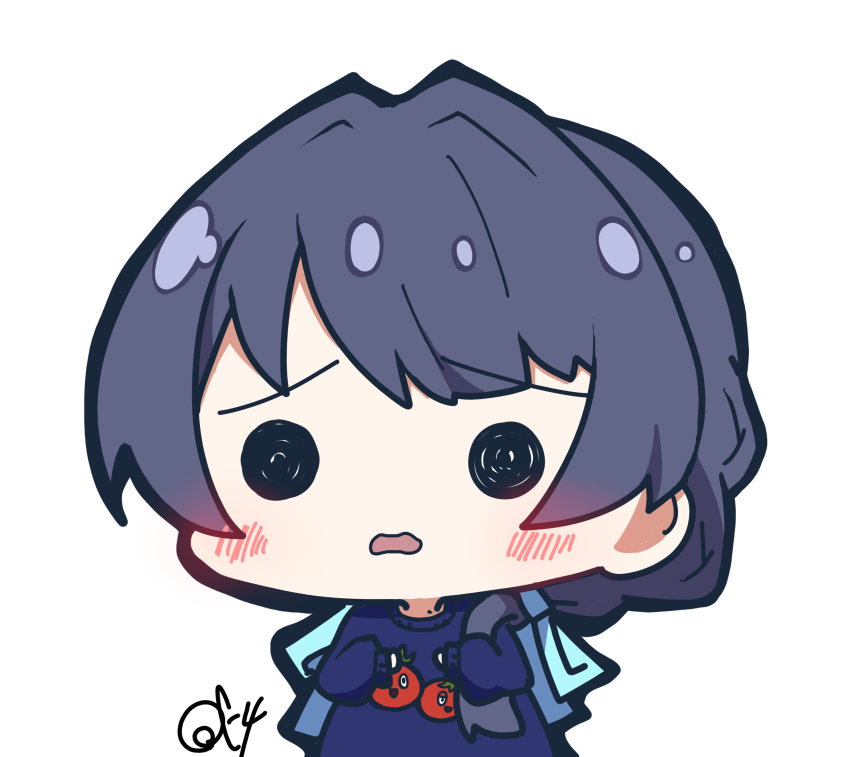 1girl absurdres blue_hair blue_ribbon blue_sweater chibi chibi_only dark_blue_hair flustered hair_ribbon highres link!_like!_love_live! long_hair long_sleeves love_live! low_twintails mole mole_on_neck murano_sayaka oofushi_ao open_mouth ribbon signature simple_background solid_oval_eyes solo sweater twintails upper_body virtual_youtuber white_background