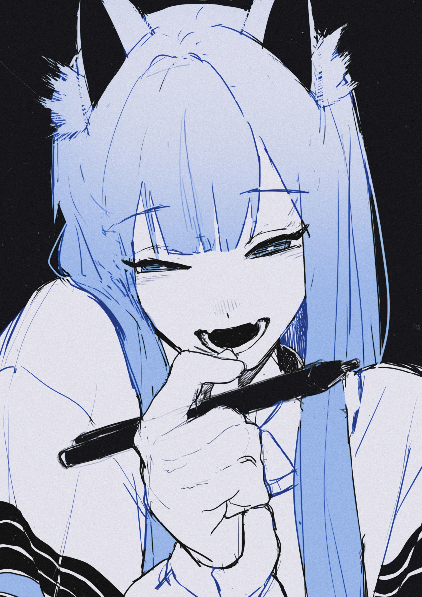 1girl absurdres all_i_can_see_is_you_(vocaloid) animal_ears black_background blue_eyes blue_hair commentary_request evil_smile fangs half-closed_eyes hand_up highres holding holding_marker long_hair long_sleeves looking_at_viewer marker open_mouth personality_iv rusui simple_background skin_fangs smile solo upper_body vocaloid