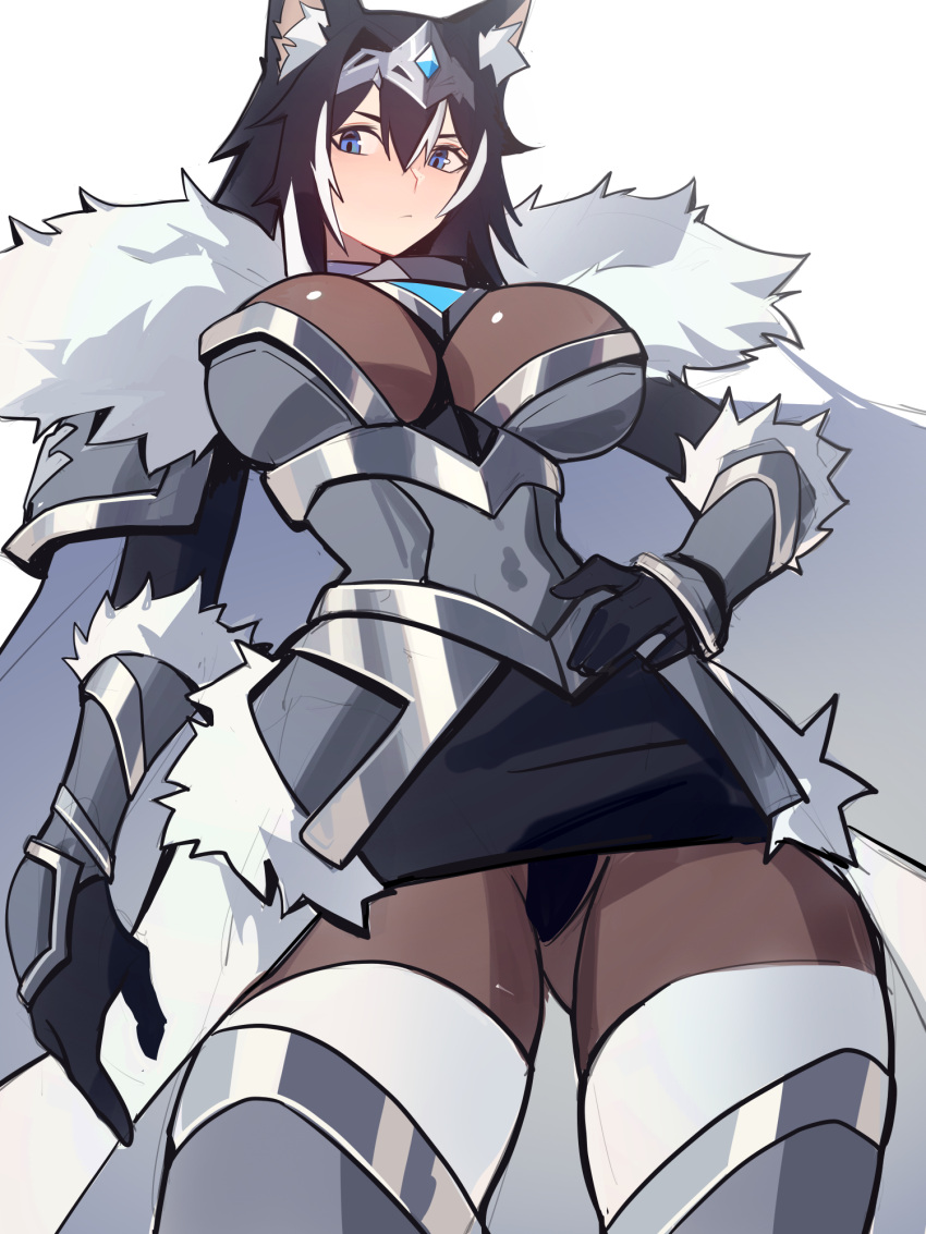 1girl animal_ears armor black_gloves black_hair blue_eyes breastplate cape crown distr fur_trim gem gloves highres knight multicolored_hair original plate_armor simple_background solo streaked_hair white_background white_cape wolf_ears wolf_girl