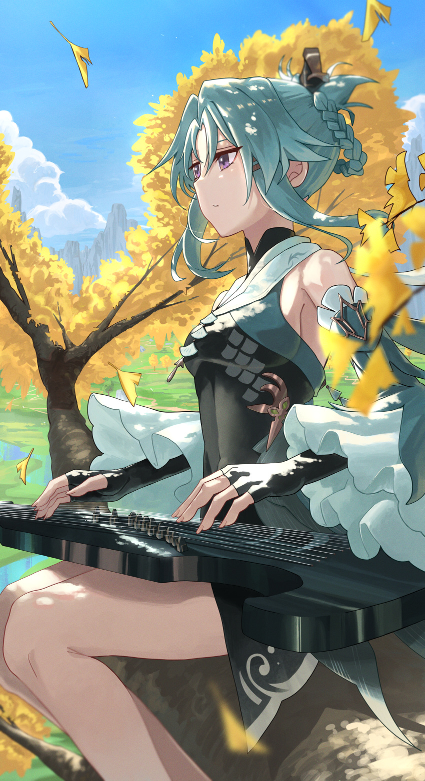 1girl absurdres bare_shoulders black_dress black_gloves blue_sky braid breasts closed_mouth detached_sleeves dress fingerless_gloves gloves highres instrument long_sleeves madame_ping_(genshin_impact) music outdoors playing_instrument purple_eyes sitting sky small_breasts solo tree zither