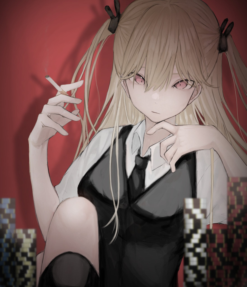 1girl black_necktie black_ribbon black_vest blonde_hair character_request cigarette closed_mouth collared_shirt copyright_request crossed_legs hair_ribbon highres holding holding_cigarette looking_down necktie poker_chip red_background ribbon shirt simple_background solo tomoja_rs vest white_shirt