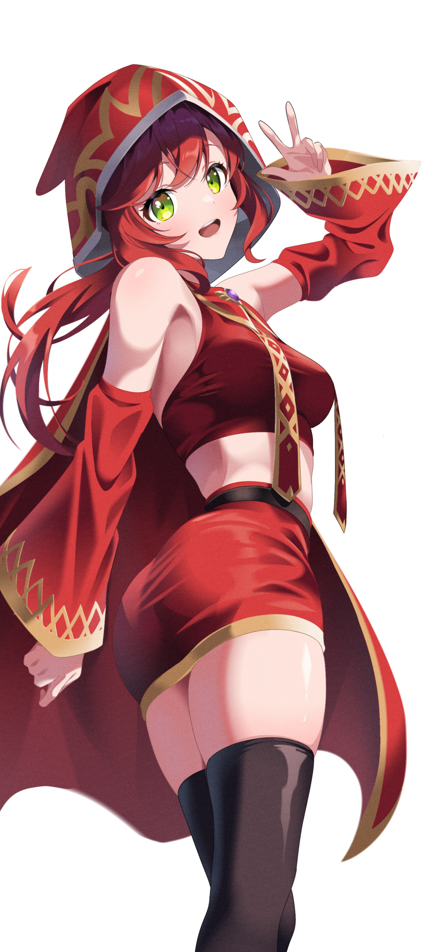 1girl :d absurdres arm_up ass bare_shoulders belt black_belt black_thighhighs breasts cape crop_top crossed_bangs detached_sleeves film_grain gold_trim green_eyes hat highres long_hair long_sleeves maplestory medium_breasts miniskirt open_mouth oz_(maplestory) red_cape red_hair red_hat red_shirt red_skirt red_sleeves shirt simple_background skirt smile solo teeth thighhighs tuyuri upper_teeth_only white_background wizard_hat zettai_ryouiki