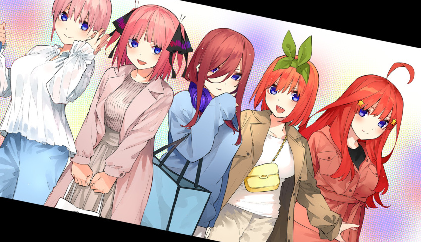 5girls :d ahoge bag black_ribbon blue_cardigan blue_eyes blue_jacket blunt_bangs blush border bow breasts brown_hair butterfly_hair_ornament cardigan cleavage closed_mouth coat collarbone collared_shirt column_lineup cowboy_shot denim dress dress_shirt earrings eyebrows_hidden_by_hair go-toubun_no_hanayome green_hairband green_ribbon hair_between_eyes hair_ornament hair_ribbon hairband hand_up haruba_negi haruba_negi_(style) headphones headphones_around_neck highres jacket jeans jewelry large_breasts letterboxed long_hair long_sleeves looking_at_viewer medium_breasts multiple_girls nakano_ichika nakano_itsuki nakano_miku nakano_nino nakano_yotsuba necklace official_art open_cardigan open_clothes open_mouth orange_hair pants pink_background pink_hair pout quintuplets red_coat red_hair ribbon shirt short_hair siblings side-by-side sidelocks sisters skirt sleeves_past_wrists smile standing star_(symbol) star_hair_ornament sweater turtleneck two_side_up white_pants white_shirt white_skirt