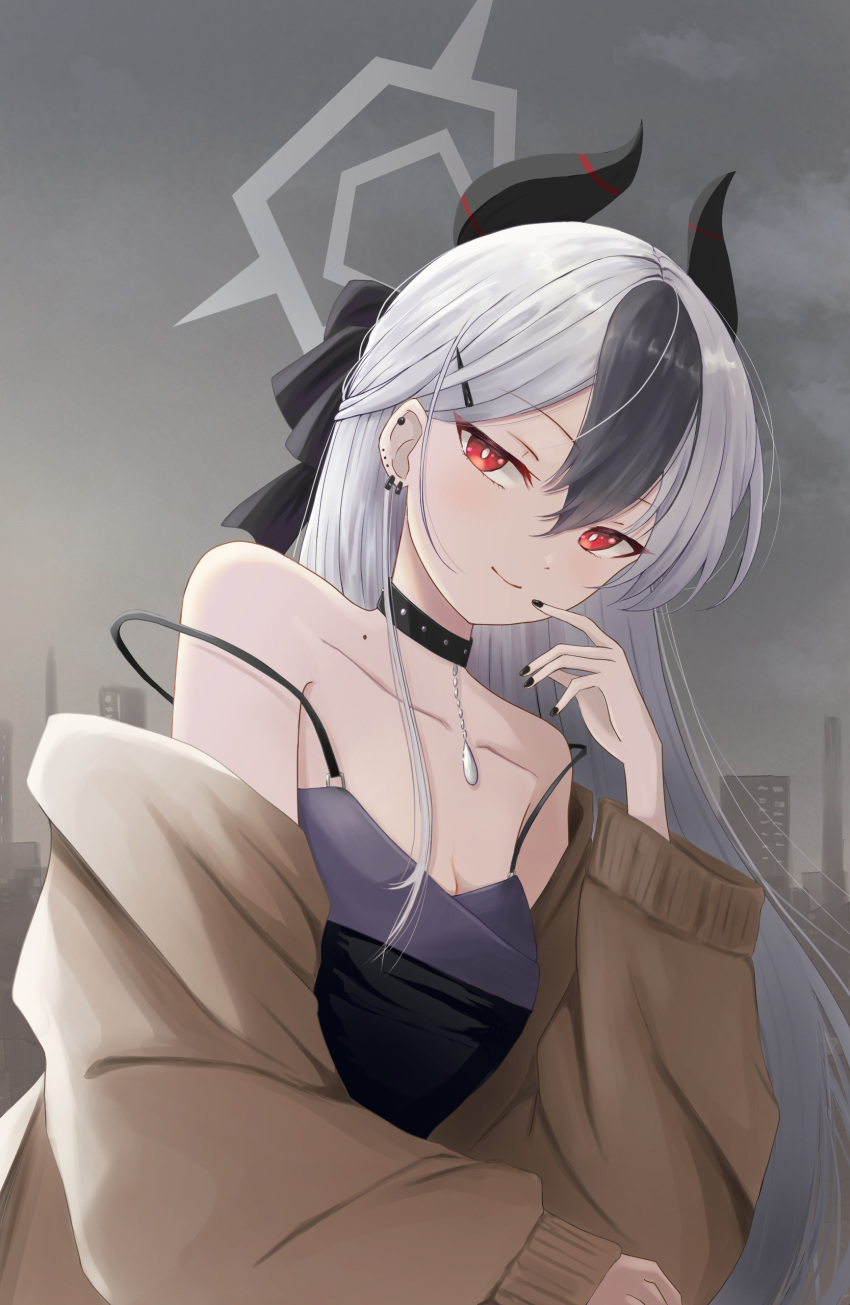 1girl a_ekoa absurdres black_hair blue_archive bow breasts cardigan choker cleavage cloud cloudy_sky dress ear_piercing earrings hair_bow hair_ornament hairclip halo highres horns jewelry kayoko_(blue_archive) kayoko_(dress)_(blue_archive) long_hair long_sleeves looking_at_viewer mole mole_on_collarbone multicolored_hair nail_polish outdoors piercing red_eyes sky sleeveless sleeveless_dress small_breasts smile solo spaghetti_strap very_long_hair white_hair