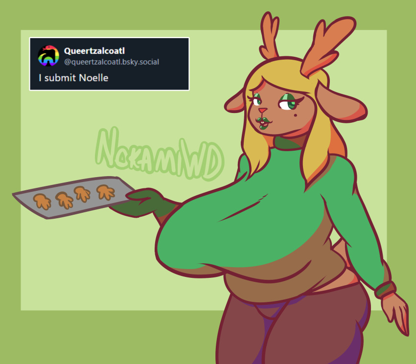 anthro big_breasts breasts clothing cookie deer deltarune eyeshadow female food hi_res huge_breasts lipstick makeup mammal mature_female new_world_deer noelle_holiday nokamiwd open_mouth reindeer simple_background slightly_chubby solo sweater thick_thighs topwear undertale_(series) wide_hips