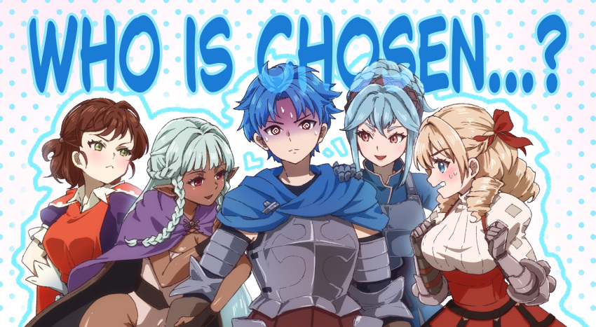 1boy 4girls alain_(unicorn_overlord) aqua_hair armor blonde_hair blue_eyes blue_hair blush braid braided_bun breasts brown_hair cleavage cloak cousins dark-skinned_female dark_elf dark_skin dress drill_hair elf gauntlets gloves green_eyes hair_between_eyes hair_bun hair_intakes hair_ribbon hairband harem highres hikari_(h_pikari) implied_incest jealous leotard long_hair melisandre_(unicorn_overlord) multiple_girls open_mouth pointy_ears puffy_sleeves purple_cloak red_dress red_eyes ribbon rosalinde_(unicorn_overlord) scarlett_(unicorn_overlord) short_hair smile strapless sweater turtleneck turtleneck_sweater unicorn_overlord very_long_hair virginia_(unicorn_overlord) white_gloves