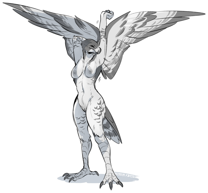 2017 4_toes anisodactyl anthro avian beak bird bird_feet breasts claws eyes_closed falcon falconid feathers female full-length_portrait furikake genitals hand_behind_head monochrome nipples non-mammal_breasts nude peregrine_falcon portrait pussy simple_background sketch solo spots spotted_body spotted_feathers standing stoop stretching tail_feathers talons toes white_background white_body white_feathers winged_arms wings