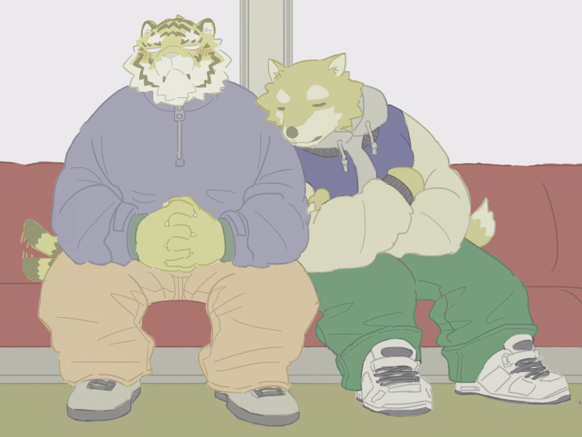 2019 4:3 anthro blush bottomwear canid canine canis clothing domestic_dog duo eyes_closed felid hi_res hoodie humanoid_hands male male/male mammal nogitu pantherine pants sitting tiger topwear