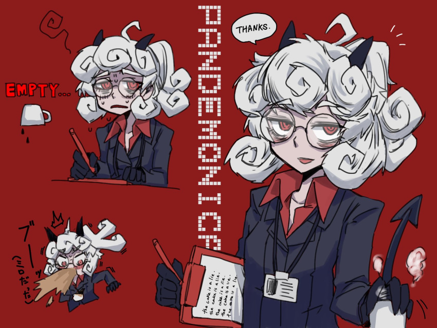 1girl black_gloves black_horns black_jacket black_tail breasts business_suit clipboard closed_mouth coffee coffee_mug collared_shirt cup curly_hair demon_girl demon_horns demon_tail eyebrows_visible_through_hair formal glasses gloves helltaker highres holding holding_cup horns jacket long_sleeves looking_at_viewer medium_breasts medium_hair monster_girl mug naui_kudan pandemonica_(helltaker) pen ponytail red_background red_eyes red_shirt shirt short_hair simple_background small_breasts smile solo speech_bubble steam suit tail upper_body white_hair