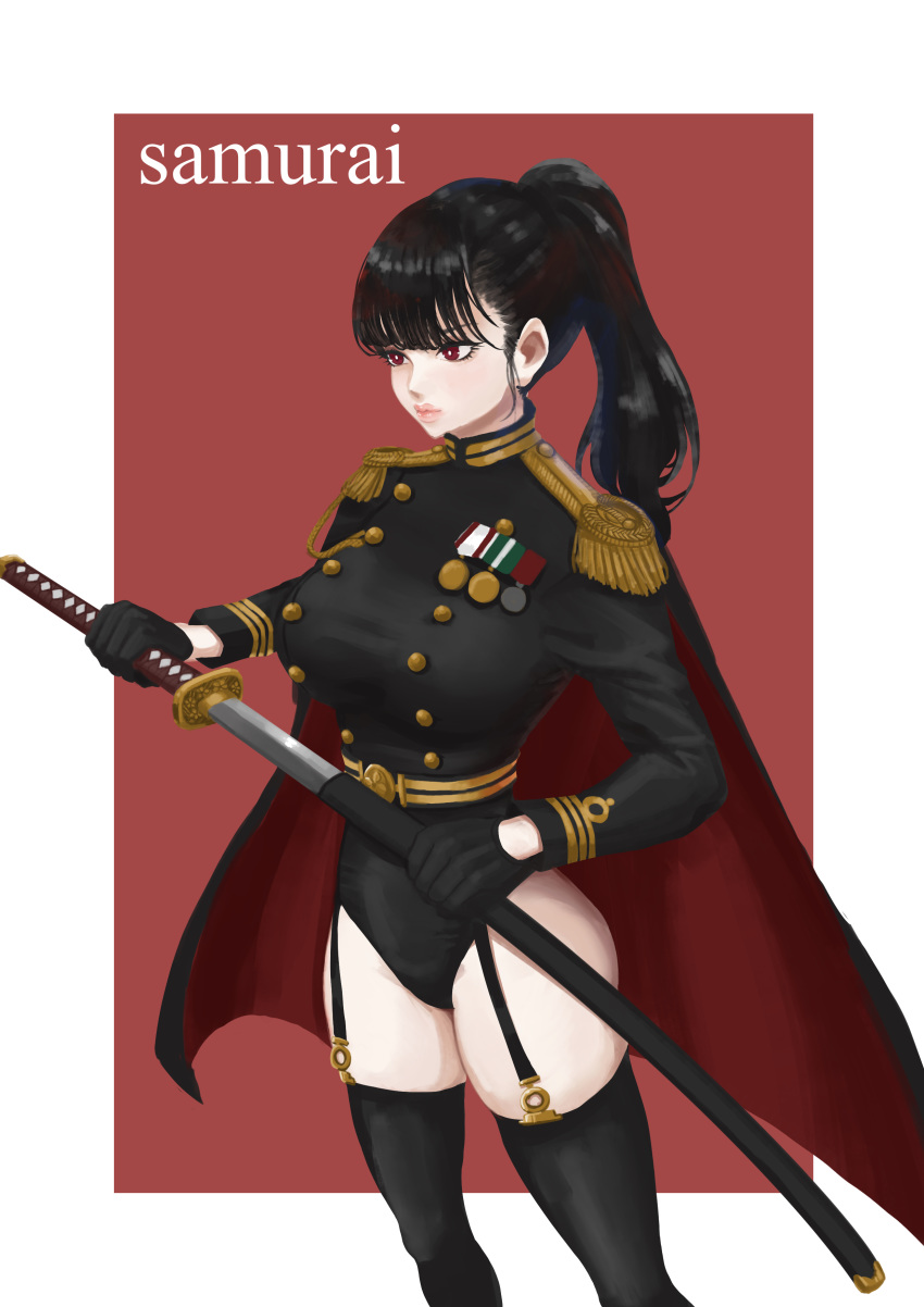 1girl absurdres bangs black_gloves black_hair black_legwear cape epaulettes garter_belt garter_straps gloves highres holding holding_sword holding_weapon katana konpeito_416 long_sleeves medal military military_uniform original ponytail red_background red_eyes sheath standing sword thighhighs thighs uniform unsheathing weapon