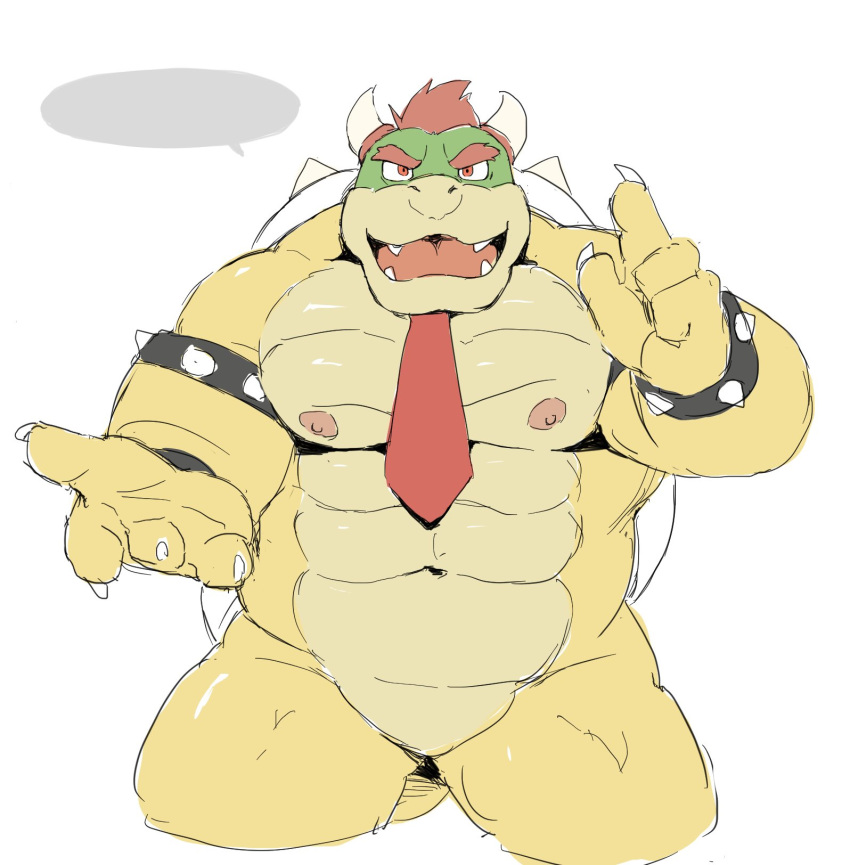 4_fingers abs anthro armband bowser bracelet claws eyebrows fingers hair hi_res horn huger_smot jewelry koopa male mario_bros muscular muscular_male navel necktie nintendo nipples nude open_mouth pecs pink_nipples red_eyes red_hair reptile scalie sharp_teeth shell simple_background solo speech_bubble spiked_armband spiked_bracelet spiked_shell spikes teeth thick_eyebrows video_games white_background