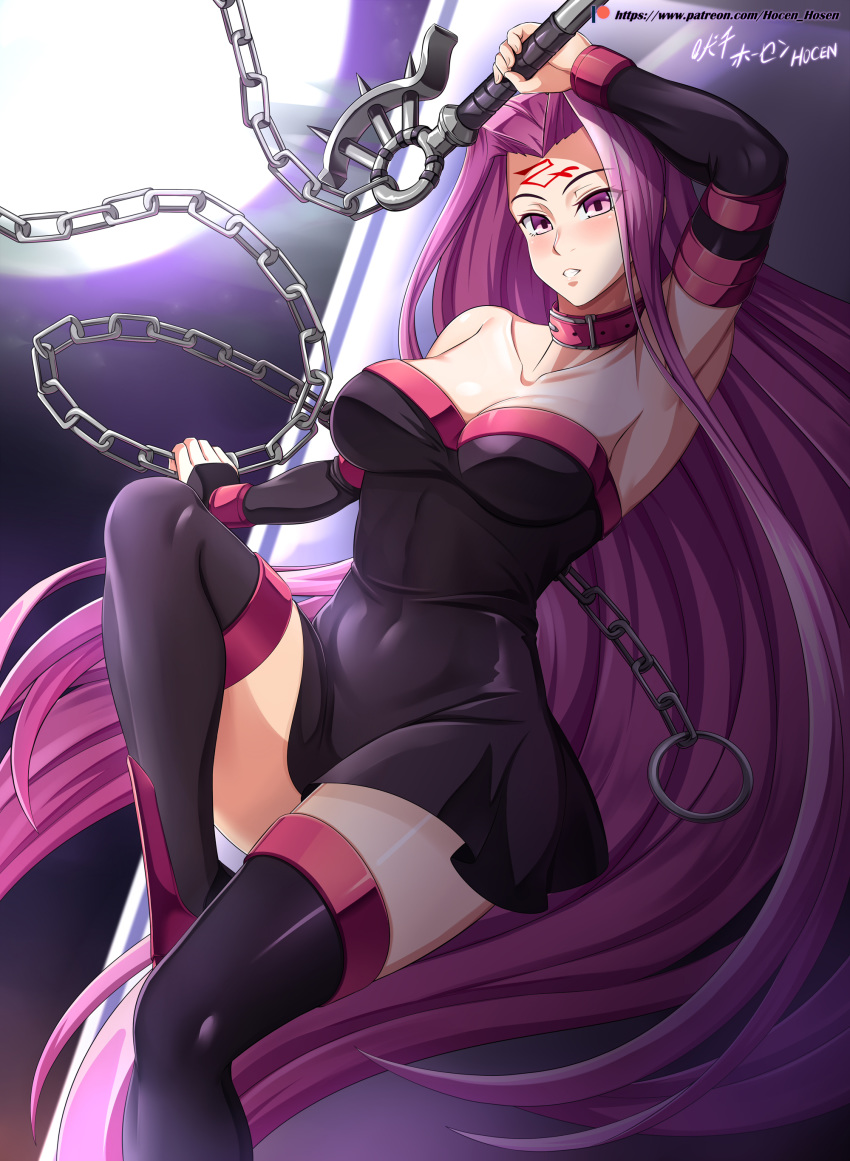 1girl absurdres black_dress black_footwear boots breasts collar collarbone detached_sleeves dress facial_mark fate/grand_order fate/stay_night fate_(series) forehead_mark high_heel_boots high_heels highres large_breasts long_hair nameless_dagger purple_eyes purple_hair rider short_dress solo square_pupils thigh_boots thighhighs very_long_hair vilde_loh_hocen