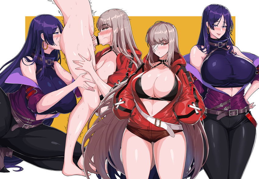 1boy 2girls alternate_costume anilingus areolae ass bandage_over_one_eye bangs bare_shoulders belt bikini bikini_top black_bikini black_pants blush breasts brown_belt brown_eyes casual cleavage crop_top drogod earrings erection fate/grand_order fate_(series) fellatio florence_nightingale_(fate/grand_order) from_side hand_on_hip hands_in_pockets hetero holding_another's_leg hoop_earrings jacket jewelry korean_commentary large_areolae large_breasts long_hair looking_at_another minamoto_no_raikou_(fate/grand_order) multiple_girls nude open_clothes open_jacket oral out_of_frame pants parted_bangs penis purple_eyes purple_hair purple_jacket red_jacket shirt short_shorts shorts sidelocks silver_hair sleeveless sleeveless_shirt smile squatting swimsuit thighs very_long_hair white_belt