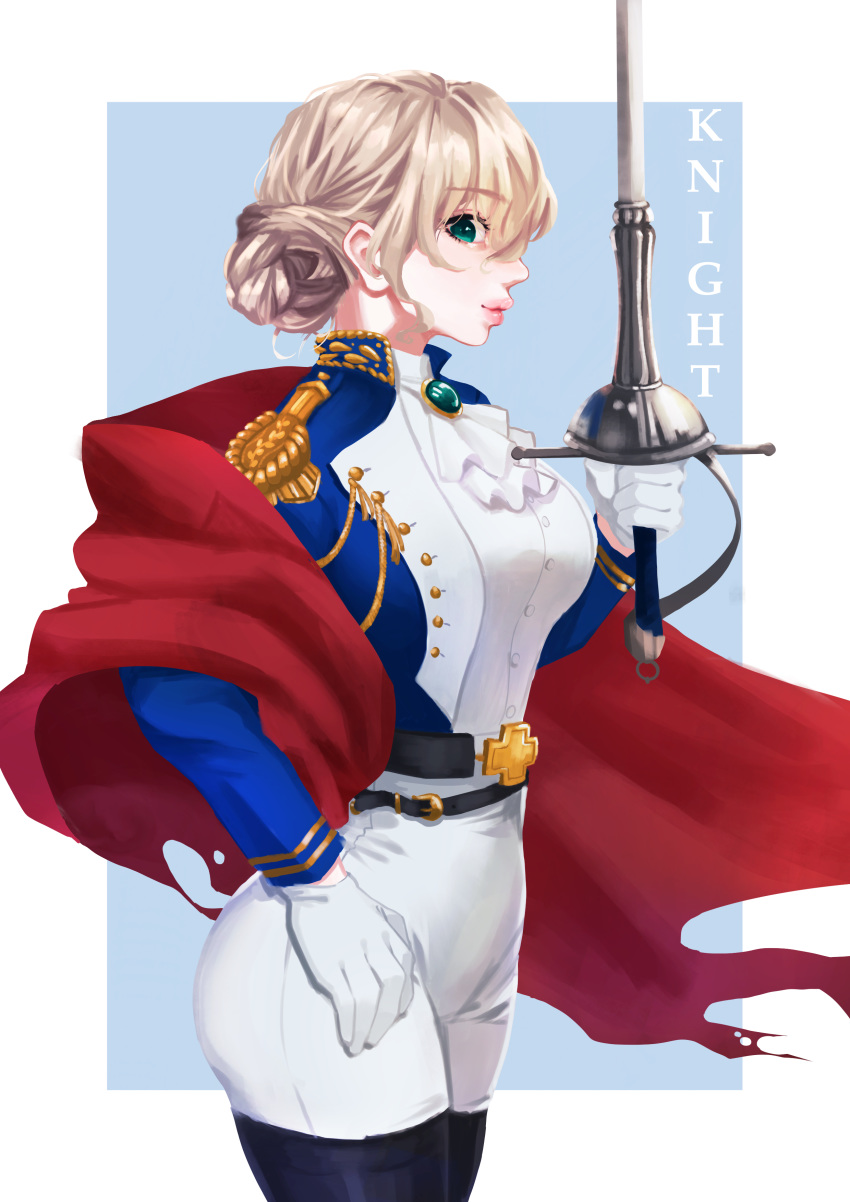 1girl absurdres black_legwear blonde_hair brooch cape epaulettes gloves hair_up hand_on_hip highres holding holding_sword holding_weapon jewelry knight konpeito_416 lips long_sleeves military military_uniform original profile red_cape short_hair standing sword thighhighs uniform weapon white_gloves white_neckwear