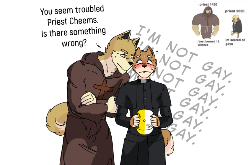2020 ? anthro blush bodily_fluids canid canine canis cheems clothed clothing dialogue domestic_dog duo english_text fully_clothed fur hat headgear headwear holding_object humor looking_at_another male mammal meme priest reiker robe shiba_inu simple_background spitz sweat sweatdrop text white_background yellow_body yellow_fur