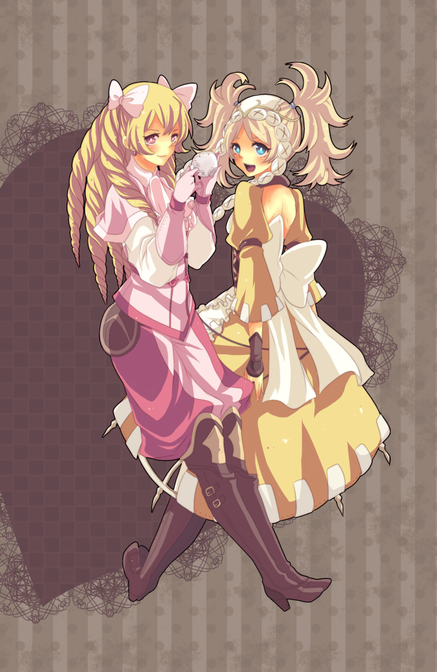 2girls absurdres apron arm_belt ascot backless_dress backless_outfit blonde_hair blue_eyes boooo-im boots bow capelet corset cup dangle_earrings dress drill_hair earrings fire_emblem fire_emblem_awakening full_body gloves hair_bow hair_tie heart heart_background high_heel_boots high_heels highres holding holding_cup huge_bow jewelry leather leather_boots leather_gloves lissa_(fire_emblem) long_hair looking_at_viewer maribelle_(fire_emblem) messy_hair multiple_girls open_mouth pants pink_bow pink_capelet pink_eyes pink_gloves pink_pants polka_dot polka_dot_background smile striped teacup thigh_boots thighhighs twintails vertical_stripes white_bow yellow_dress