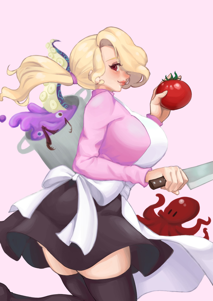 1girl absurdres apron black_legwear black_skirt blonde_hair blush breasts food fruit hair_over_one_eye highres holding holding_food holding_fruit kanojo-tachi_no_meshi_ga_mazui_hyaku_no_riyuu knife konpeito_416 large_breasts long_hair long_sleeves octopus pink_background pink_shirt ponytail pot red_eyes shirt sidelocks skirt standing standing_on_one_leg tentacles thighhighs tomato