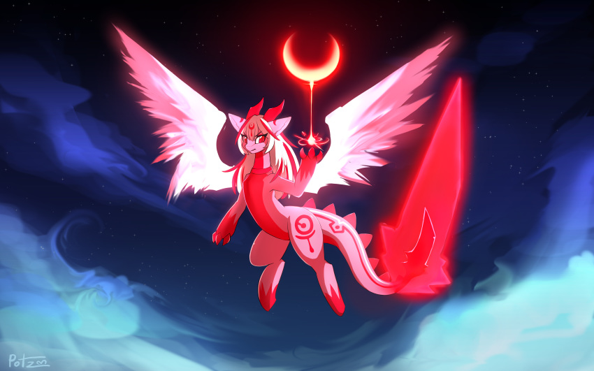 16:10 3_claws absurd_res claws darkpotzm dragon flying hi_res horn niar_(potzm) night night_sky pink_body pink_tail red_body red_claws red_eyes red_horn sky solo star starry_sky widescreen wings