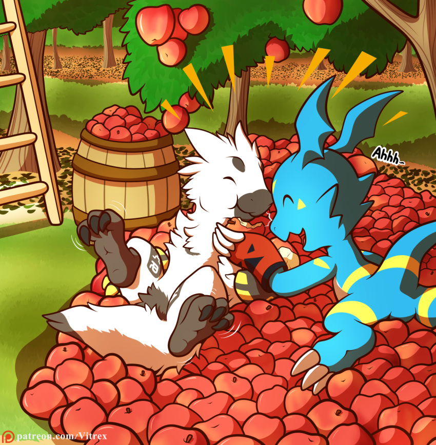 anthro apple appletree blue_body chicostyx claws digimon digimon_(species) digital_media_(artwork) dragon duo eyes_closed fak&eacute;mon fan_character feral food fruit guilmon happy hi_res hybrid javascript:void(0) lying male markings on_back on_front open_mouth outside plant sven_the_giramon text toe_claws url veemon vitrex white_body