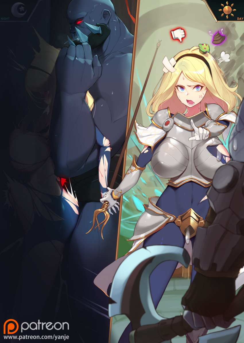 1boy 1girl absurdres anger_vein armor before_and_after blonde_hair blue_eyes bodysuit boobplate breastplate breasts broken_armor covered_navel grey_skin highres huge_breasts instant_loss_2koma league_of_legends luxanna_crownguard patreon rape red_eyes sex sion stomach_bulge tagme torn_bodysuit torn_clothes undead yanje