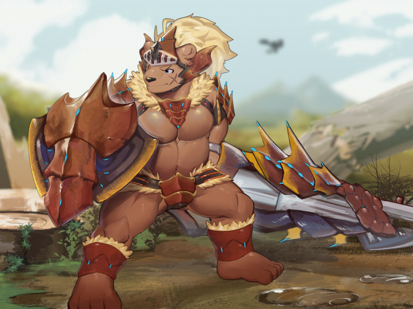 2019 anthro armor belly black_nose brown_body brown_fur detailed_background fur hi_res hirainaoto1 male mammal moobs naotohirai outside overweight overweight_male scar solo ursid weapon