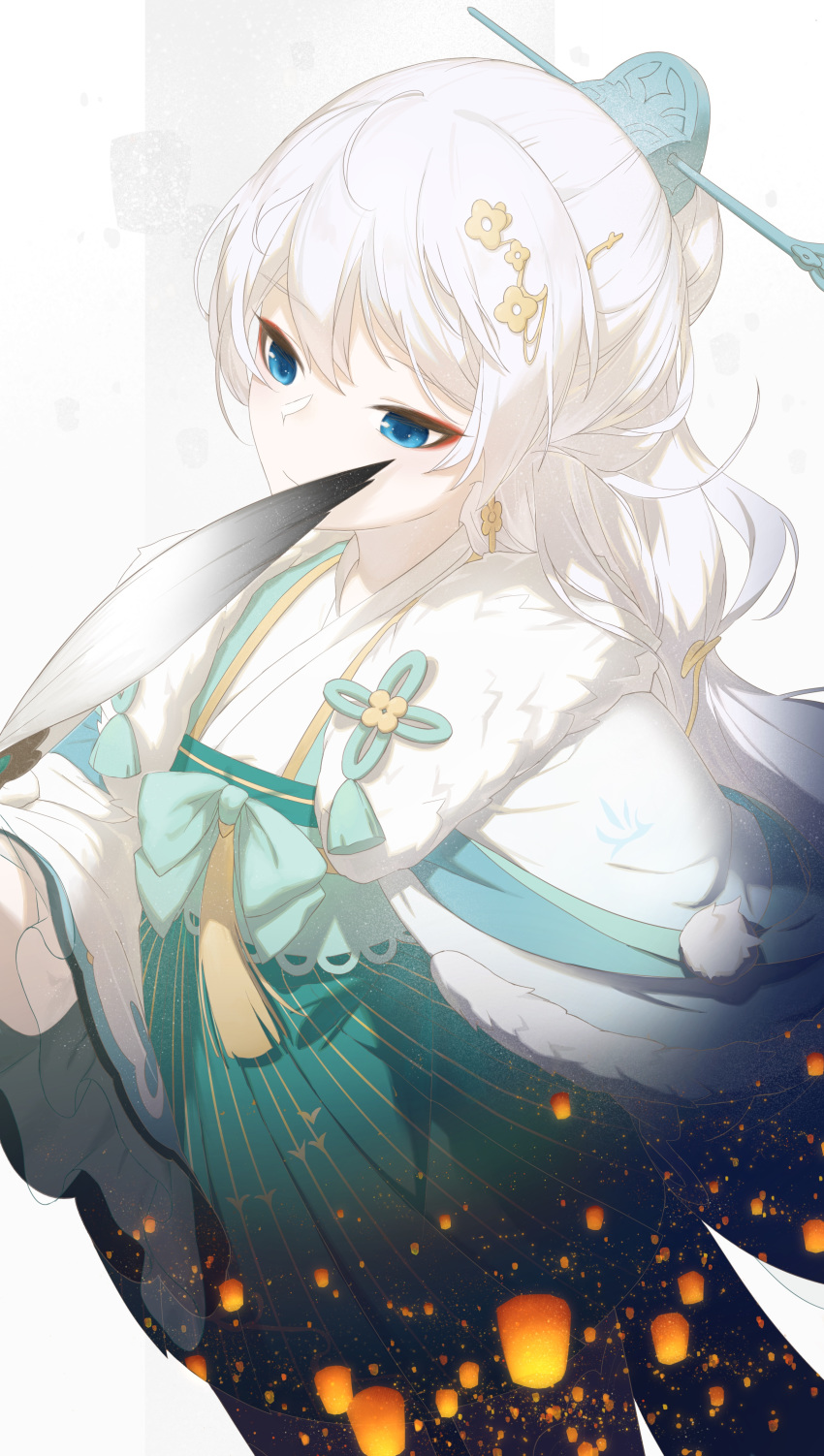 1girl absurdres arms_up bangs blue_eyes blush china_dress chinese_clothes closed_mouth dress eyebrows eyebrows_visible_through_hair eyelashes feather_fan hair_ornament hairpin highres honkai_(series) honkai_impact_3rd long_hair long_sleeves rafaelaaa sky_lantern solo theresa_apocalypse white_hair