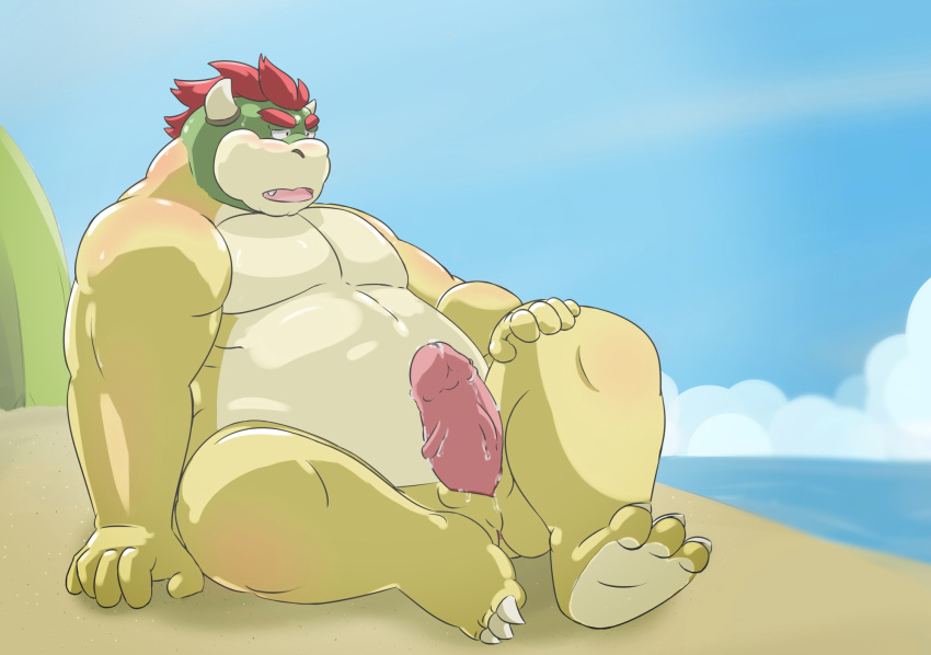 2020 anthro beach belly bowser erection genitals hi_res humanoid_hands koopa male mario_bros nintendo outside overweight overweight_male penis ragnadope scalie seaside sitting solo video_games water