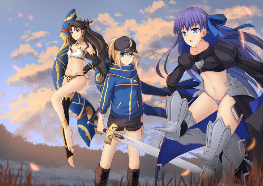 3girls ahoge anklet armlet armored_boots artoria_pendragon_(all) asymmetrical_legwear asymmetrical_sleeves bangs baseball_cap bikini black_hair black_headwear black_shorts blonde_hair blue_eyes blue_jacket blue_ribbon blue_scarf boots bridal_gauntlets cross_(crossryou) crotch_plate crown detached_collar earrings elbow_gloves excalibur fate/extra fate/extra_ccc fate/grand_order fate_(series) gloves greaves green_eyes hair_through_headwear hat heavenly_boat_maanna highres holding holding_sword holding_weapon hoop_earrings ishtar_(fate)_(all) ishtar_(fate/grand_order) jacket jewelry meltryllis mismatched_bikini multiple_girls mysterious_heroine_x navel neck_ring open_track_jacket parted_bangs prosthesis prosthetic_leg purple_hair red_eyes revealing_clothes ribbon scarf shorts single_elbow_glove single_sleeve single_thighhigh sleeves_past_fingers sleeves_past_wrists swimsuit sword thighhighs tiara toeless_legwear track_jacket weapon
