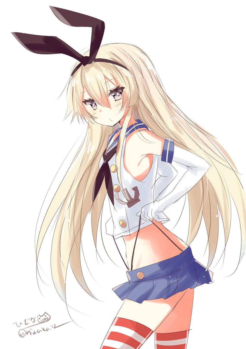 1girl anchor_hair_ornament bare_shoulders black_hairband black_panties blonde_hair blue_sailor_collar blush crop_top elbow_gloves eyebrows_visible_through_hair gloves grey_eyes hair_ornament hairband highleg highleg_panties highres hizaka kantai_collection long_hair looking_at_viewer microskirt miniskirt panties sailor_collar school_uniform serafuku shimakaze_(kantai_collection) simple_background skirt solo striped striped_legwear thighhighs twitter_username underwear white_background white_gloves