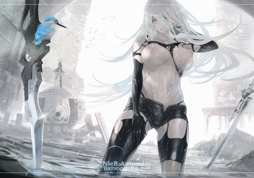2girls alternate_breast_size android backlighting bird black_shorts blue_eyes breasts copyright_name covered_nipples day english_text floating_hair hand_in_hair highres kingfisher large_breasts lens_flare long_hair machine_(nier) maeshima_shigeki multiple_girls navel nier_(series) nier_automata nipples planted_sword planted_weapon post-apocalypse robot shorts silver_hair solo_focus sword taut_clothes topless torn_clothes type-4o_sword virtuous_contract virtuous_treaty wading water weapon wet yorha_no._2_type_b yorha_type_a_no._2