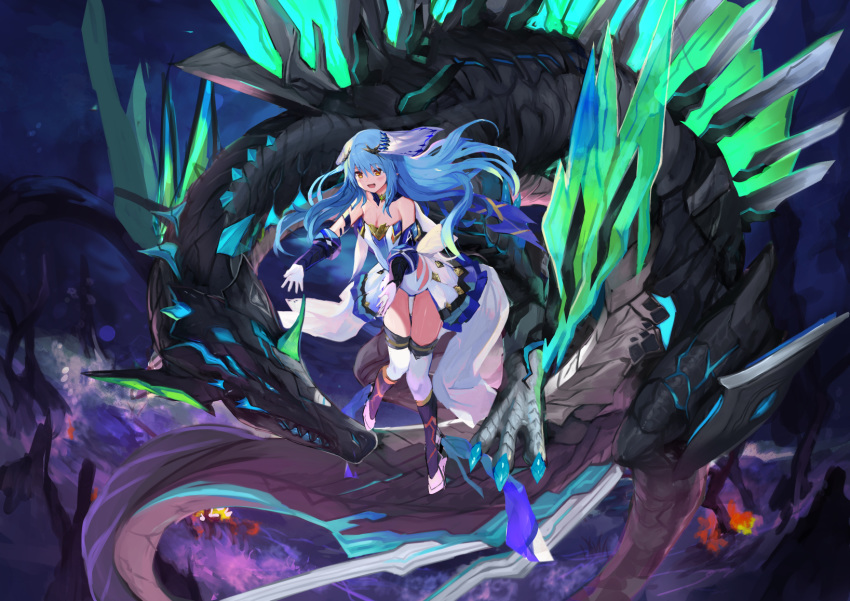 1girl bare_shoulders blue_hair boots breasts cleavage commentary_request detached_collar detached_sleeves dragon eyebrows_visible_through_hair floating floating_hair gloves haik hair_between_eyes highres leotard long_hair medium_breasts orange_eyes original showgirl_skirt thigh_boots thighhighs white_gloves