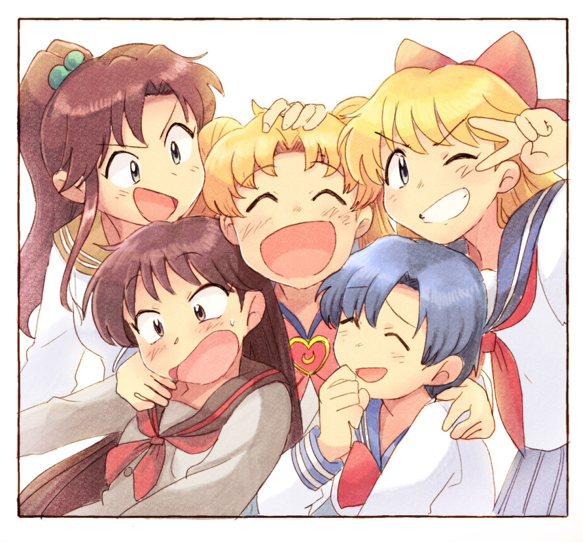 5girls :d ^_^ aino_minako bishoujo_senshi_sailor_moon black_hair blonde_hair blue_eyes blue_hair blue_sailor_collar blush bow brown_hair closed_eyes commentary_request double_bun eyebrows_visible_through_hair hair_bobbles hair_bow hair_ornament hino_rei inner_senshi kino_makoto long_hair long_sleeves looking_at_viewer mizuno_ami multiple_girls open_mouth ponytail red_bow sailor_collar school_uniform serafuku short_hair simple_background smile tsubobot tsukino_usagi twintails v white_background