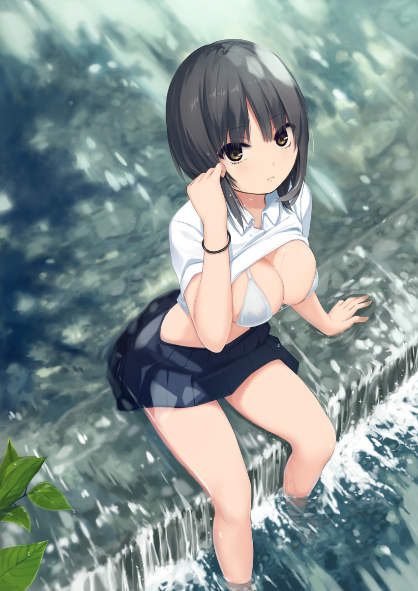 1girl aoyama_sumika black_hair blue_skirt bra breasts brown_eyes cleavage coffee-kizoku collared_shirt from_above hand_up highres large_breasts leaf looking_at_viewer medium_hair miniskirt original pleated_skirt shirt shirt_lift short_sleeves sitting skirt solo thighs underwear water wet white_bra white_shirt
