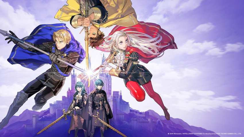 armor byleth_(fire_emblem) claude_(fire_emblem) dimitri edelgard_von_hresvelg fire_emblem fire_emblem_three_houses heels kurahana_chinatsu landscape nintendo pantyhose sword uniform wallpaper weapon