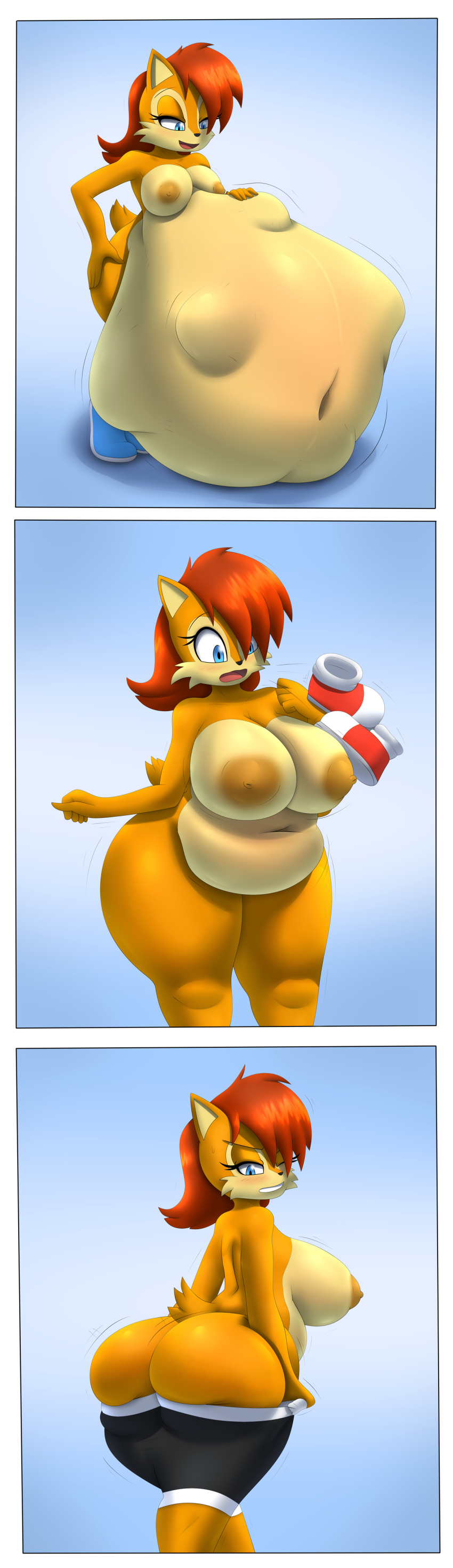 absurd_res after_vore anthro archie_comics areola belly big_belly big_breasts big_butt blue_eyes boots bottomwear breasts brown_body brown_fur butt clothing digestion drpolice duo female footwear fur hair hand_on_butt hi_res hyper hyper_belly mammal nipples overweight red_hair rodent sally_acorn sciurid shorts sonic_the_hedgehog_(archie) sonic_the_hedgehog_(comics) sonic_the_hedgehog_(series) thick_thighs vore weight_gain wide_hips