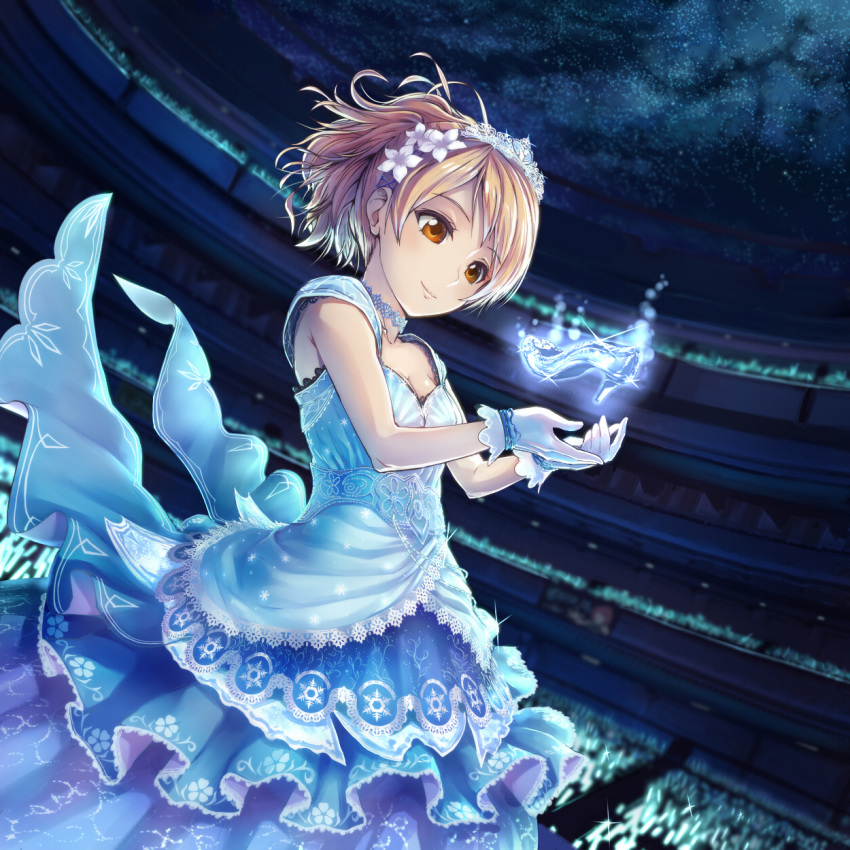 1girl arena bangs blonde_hair blue_dress blurry blurry_background breasts character_request collarbone commentary_request dress eyebrows_visible_through_hair floating floating_object flower glass_slipper glint gloves hair_flower hair_ornament hi-ho- high_heels highres idolmaster idolmaster_cinderella_girls layered_dress looking_at_object night orange_eyes short_hair sky sleeveless sleeveless_dress small_breasts smile solo star_(sky) starry_sky swept_bangs tiara white_gloves