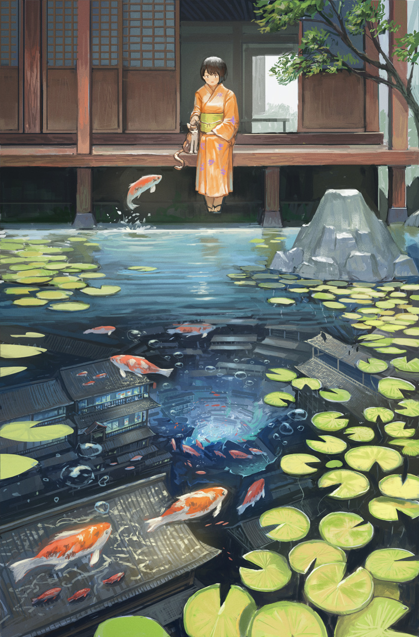 1girl air_bubble animal architecture bangs brown_hair bubble building cat clog_sandals commentary_request day east_asian_architecture fantasy fish fjsmu foot_dangle highres japanese_clothes kimono koi lake leaf lily_pad long_sleeves obi orange_kimono original petting porch sandals sash scenery short_hair sitting sliding_doors stone tree underwater_city veranda water